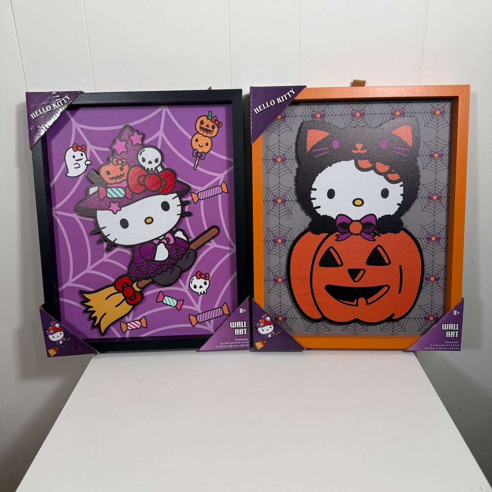 Hello Kitty Sanrio Halloween Wall Art Set 2pc Witch Broom Pumpkin 12x15 New